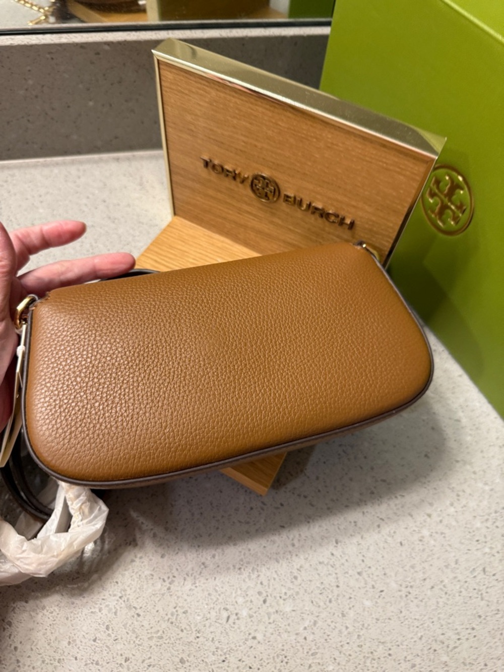 Tory Burch Tan Leather Convertible Crossbody with Gold Logo 2 adjustable straps - Picture 11 of 13